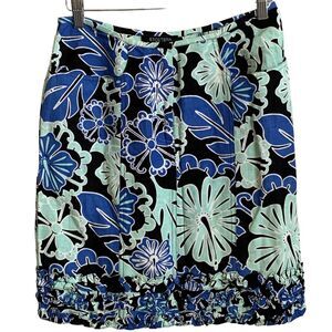VTG ETCETERA Linen Skirt SIZE 6 Blue and White Ruffled Floral Pockets Front Zip